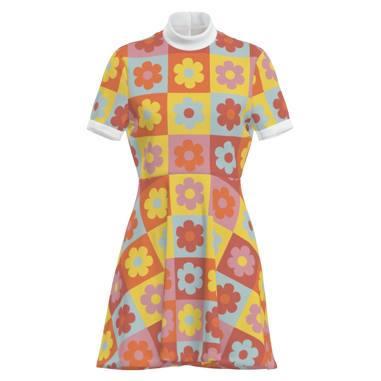 60s Floral Mod Mini Dress Retro Turtleneck A-Line GoGo Dress