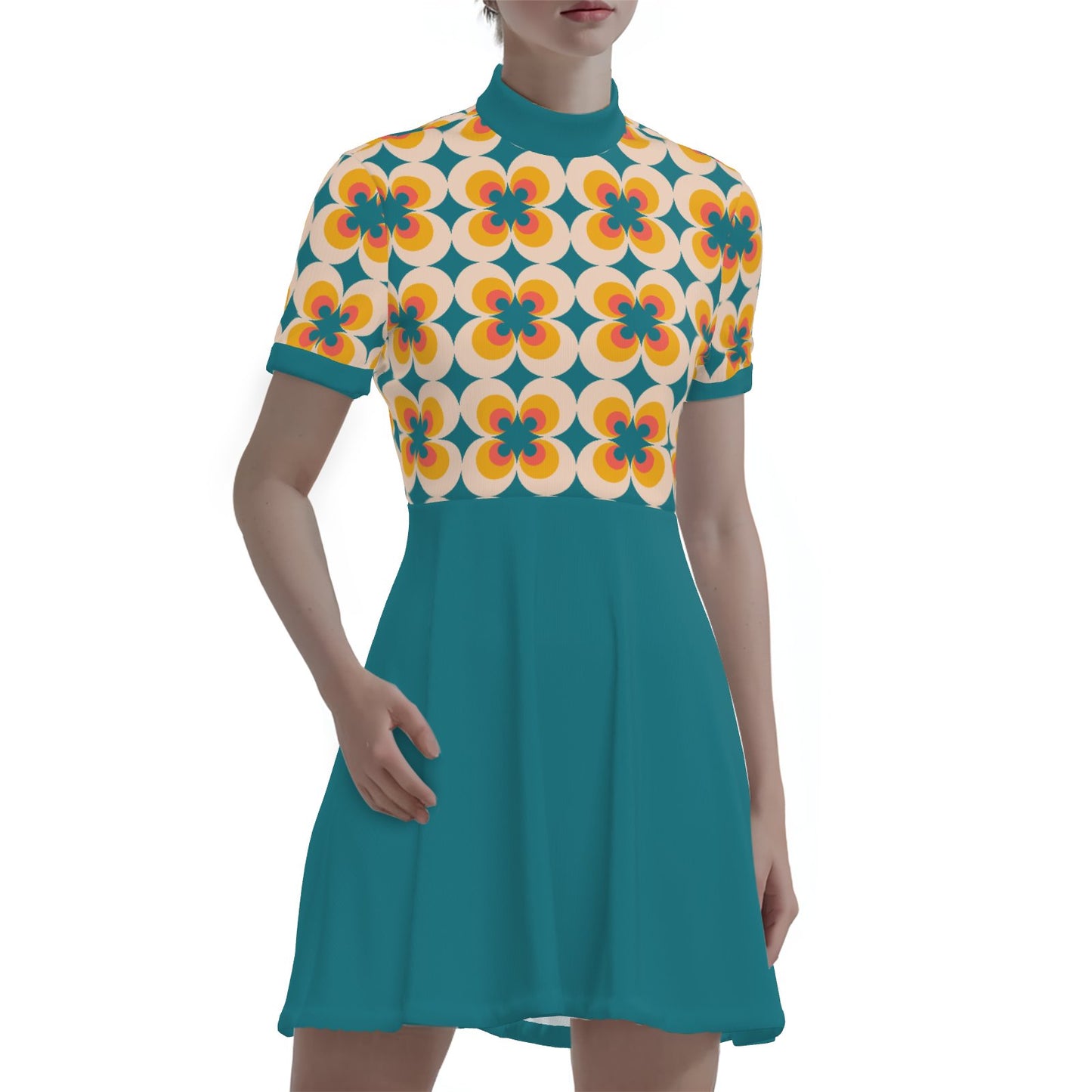 60s Turquoise Mod Mini Dress Retro Geometric Turtleneck GoGo Dress