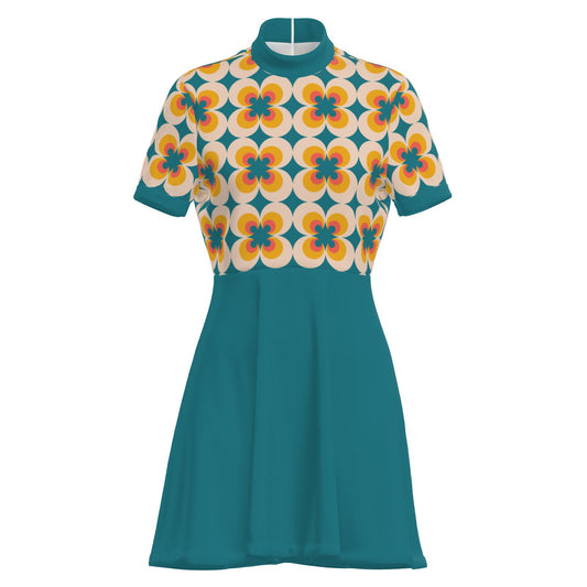 60s Turquoise Mod Mini Dress Retro Geometric Turtleneck GoGo Dress