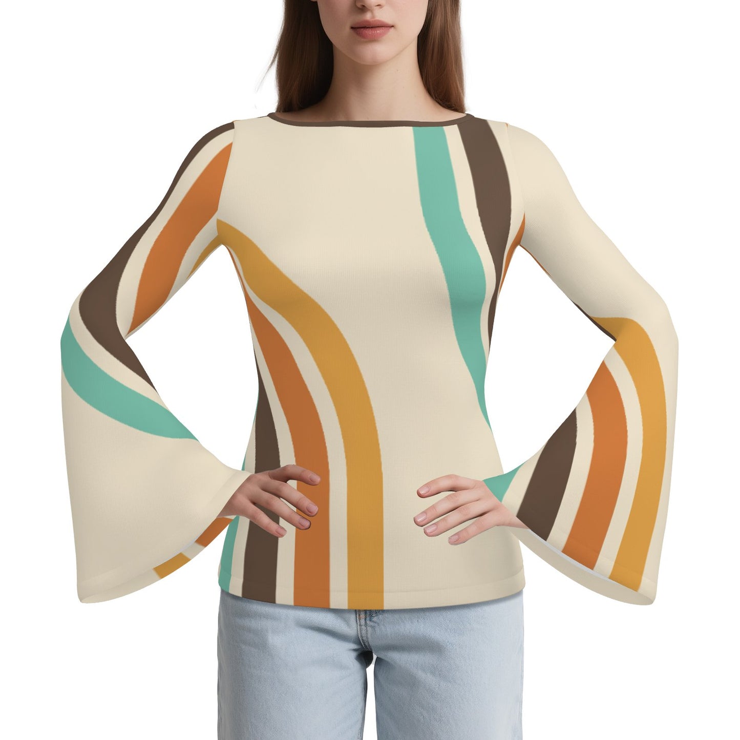 70s Beige Bell Sleeve Top | Groovy Stripe Hippie Blouse | Retro Long Sleeve T-Shirt Women