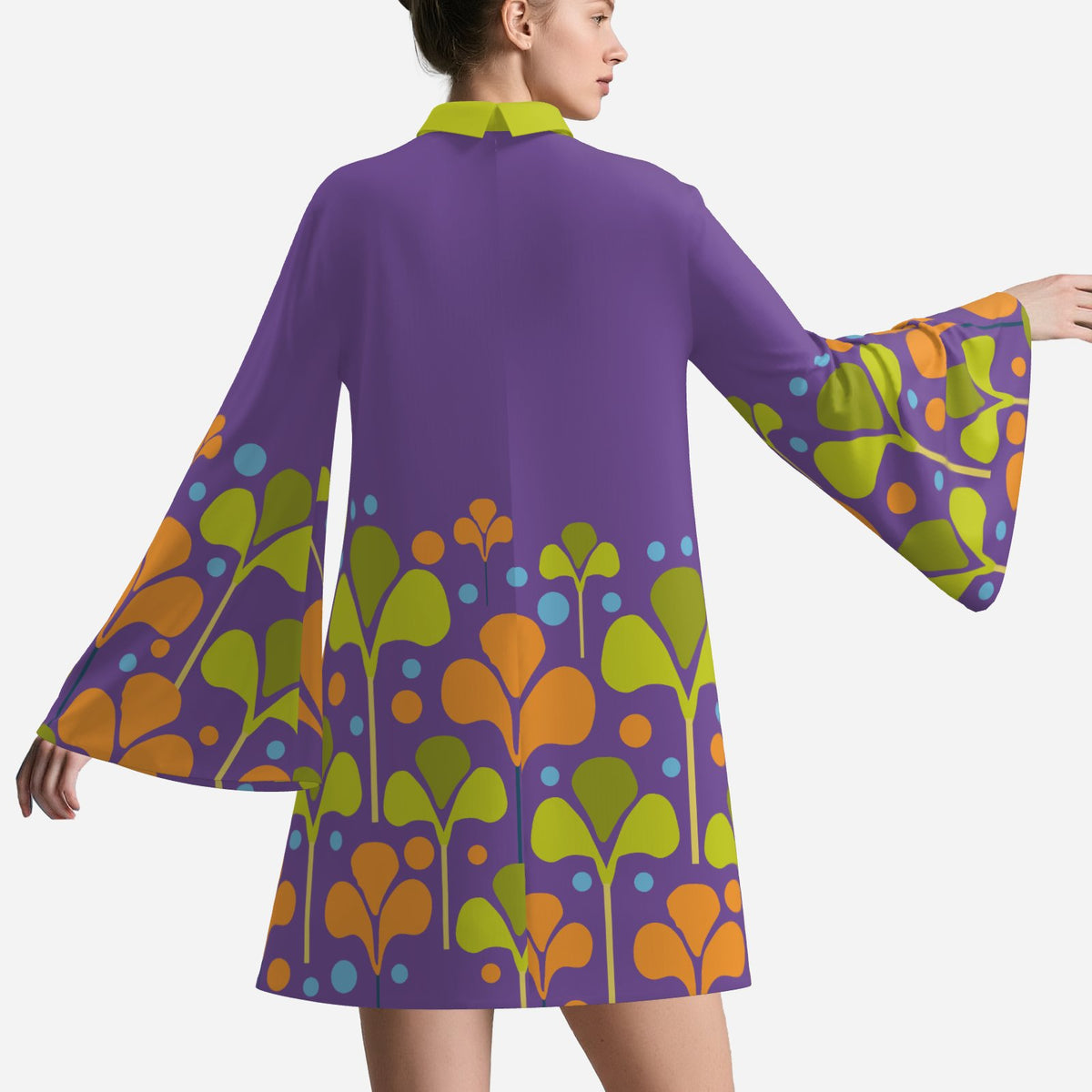 Women's Hippie 70s Purple Bell Sleeve Dress | Retro Floral Tent Dress | Vintage Inspired Boho Dress