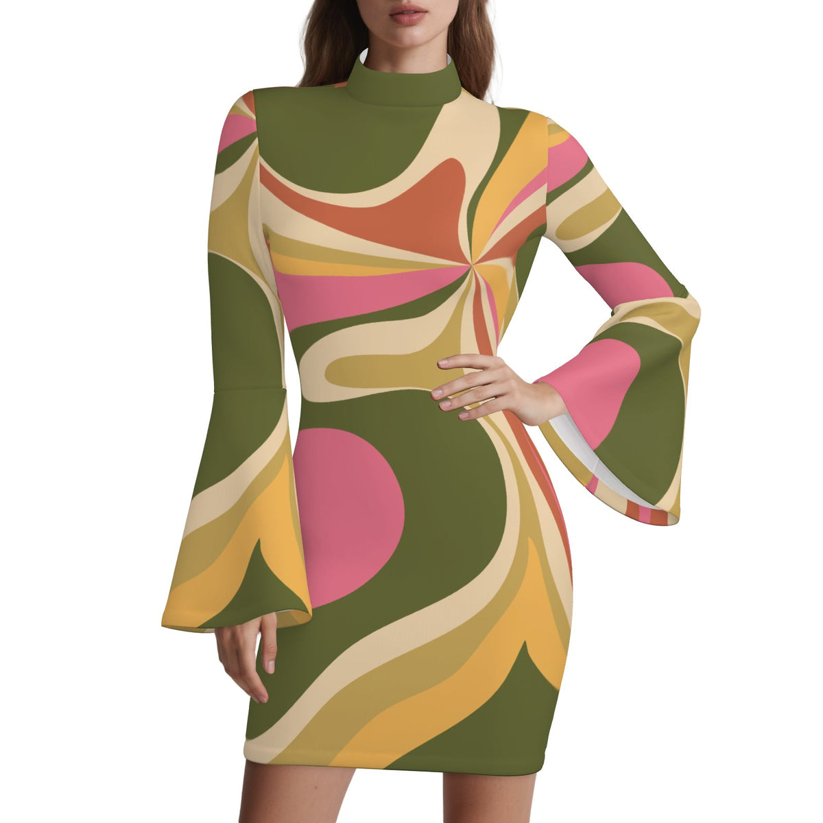 Vintage 70s Style Dress | Abstract Groovy Olive Green Bell Sleeve Shift Mini Dress | Retro Turtleneck Disco Dress
