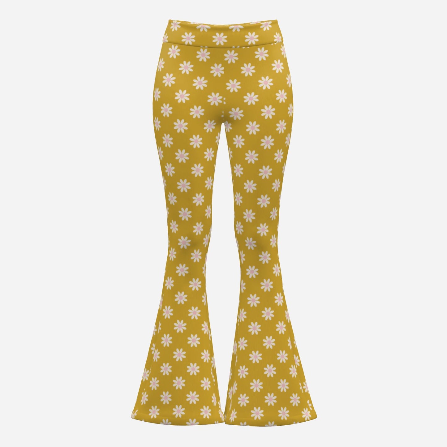 70s Mustard Floral Bell Bottom Pants | Retro Wide Leg Yoga Pants | Vintage Style High Waist Flare Pants