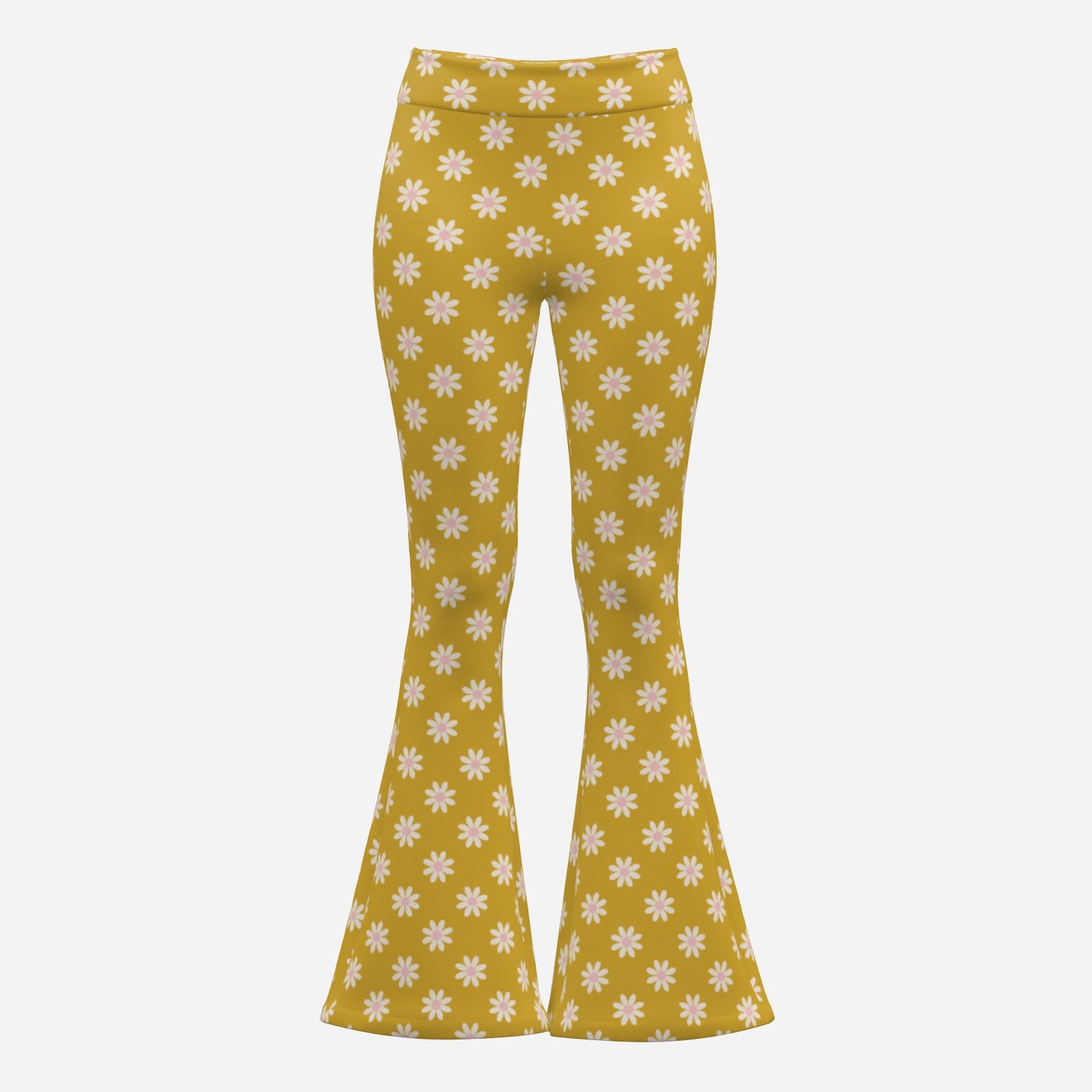 70s Mustard Floral Bell Bottom Pants | Retro Wide Leg Yoga Pants | Vintage Style High Waist Flare Pants