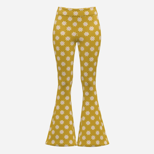 70s Mustard Floral Bell Bottom Pants | Retro Wide Leg Yoga Pants | Vintage Style High Waist Flare Pants