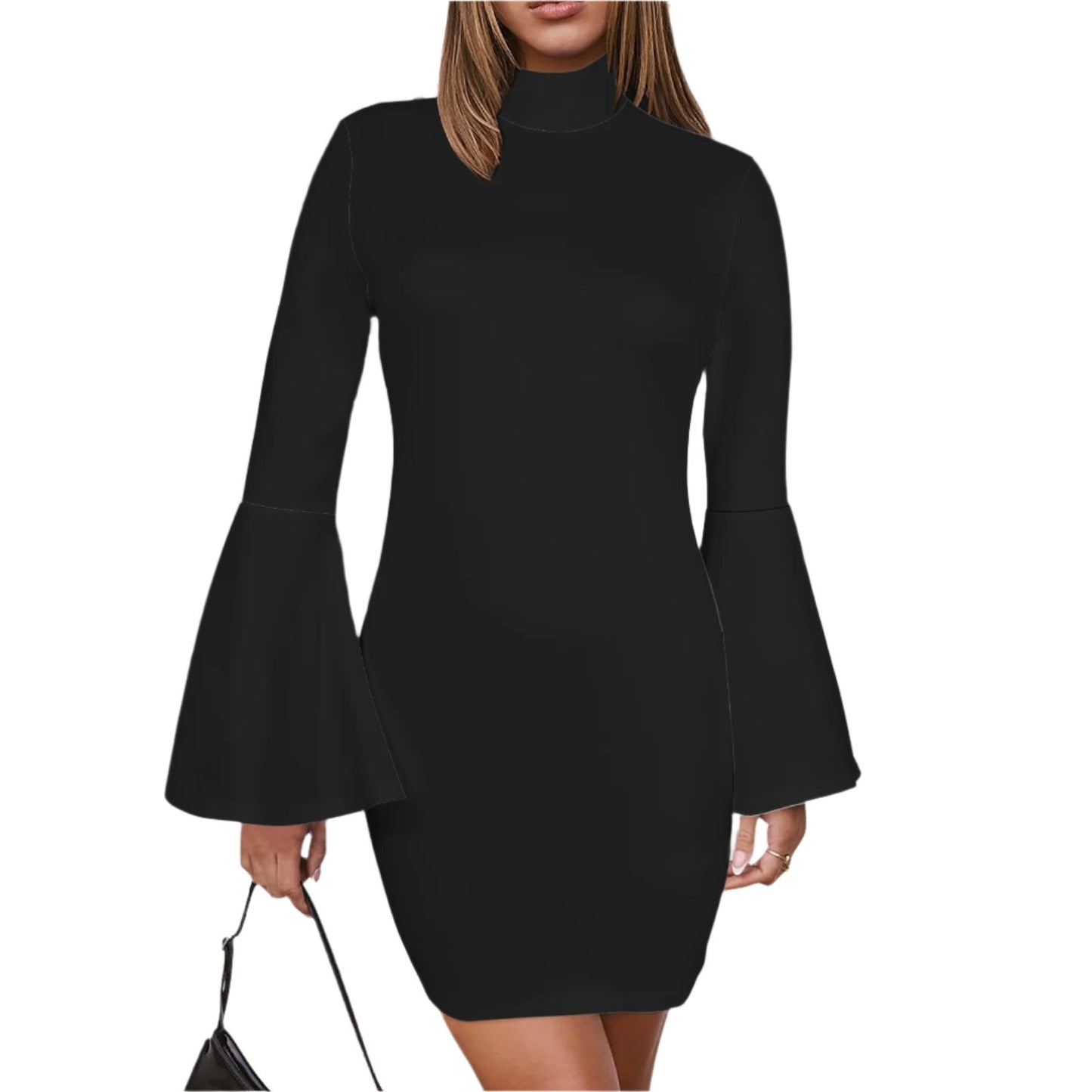 70S Bell Sleeve Black Turtle neck Shift mini Dress