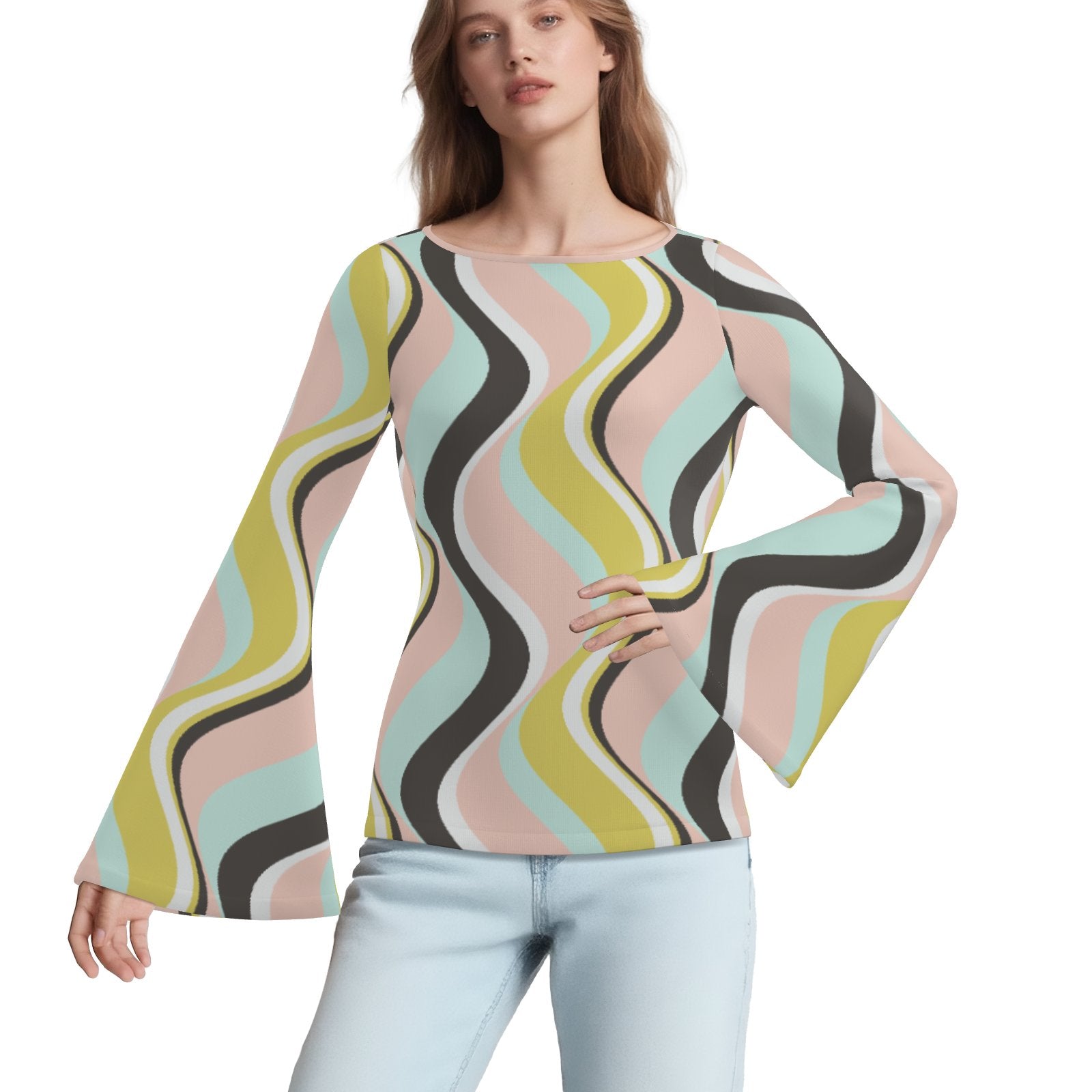 70s Pink Green Bell Sleeve Top | Groovy Hippie Stripe Shirt | Women's Retro Bell Sleeve T-Shirt | Vintage Abstract Top