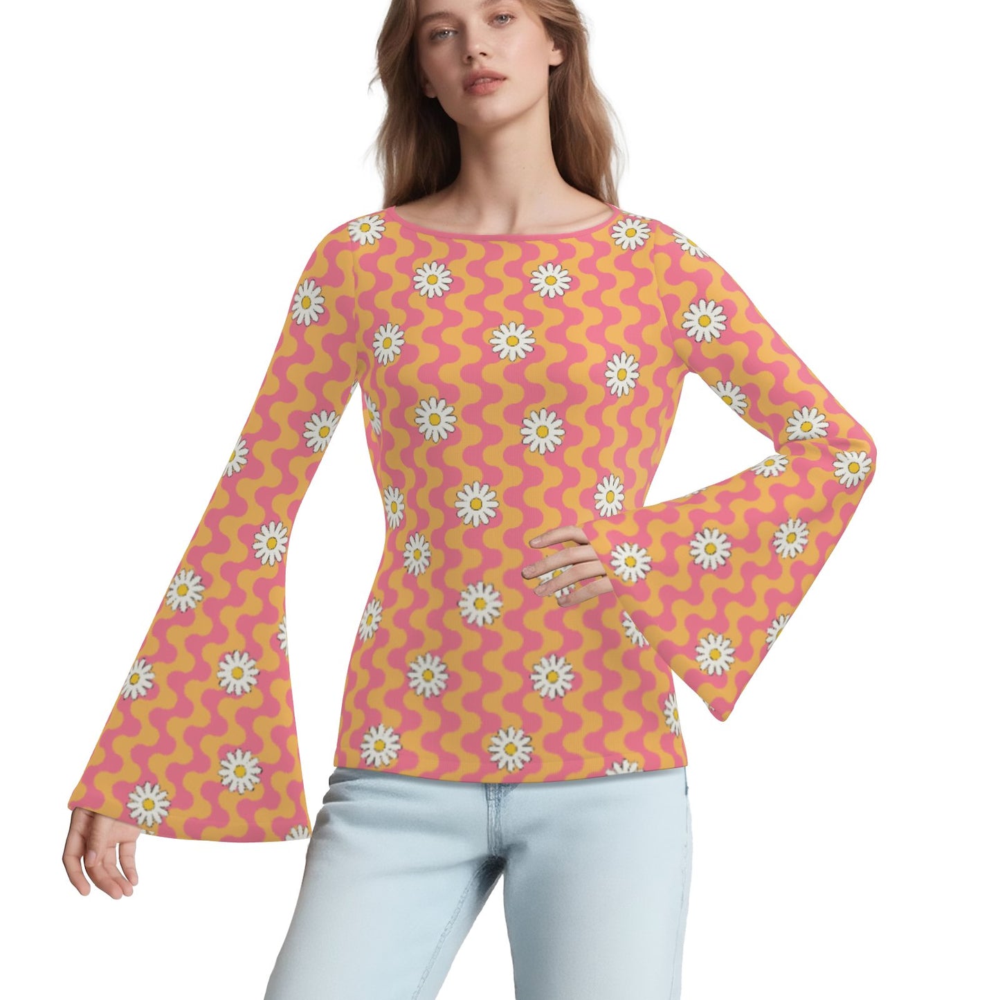 70s Orange Pink Bell Sleeve Top | Women's Retro Hippie Floral Shirt | Vintage Bell Sleeve T-Shirt | Boho Long Sleeve Blouse