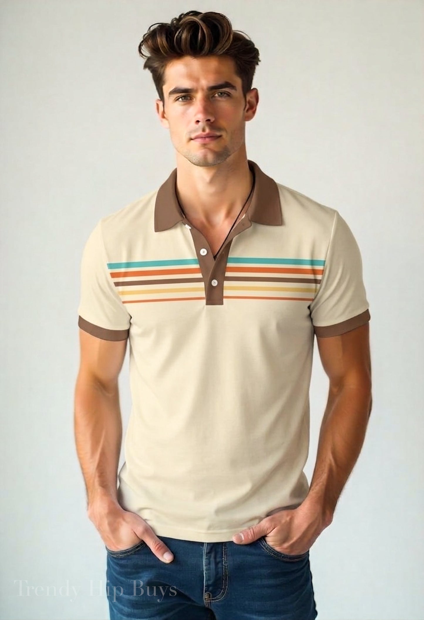 Retro 70s 80s Beige Stripe Polo Shirt UPF 50+ Sun Protection Unisex Polo