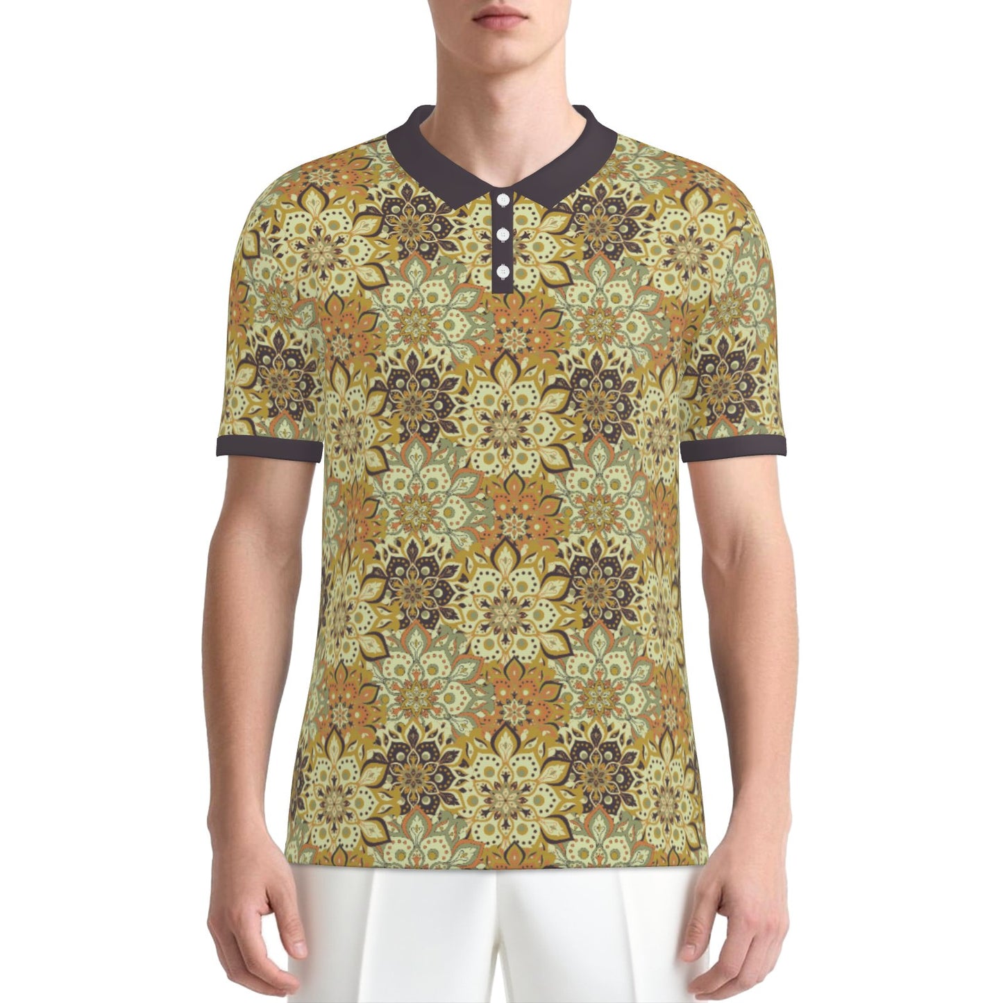 70s Hippie Mandala Polo Shirt | UPF 50+ Sun Protection Unisex Polo | Retro Mustard Yellow Brown Polo Shirt 
