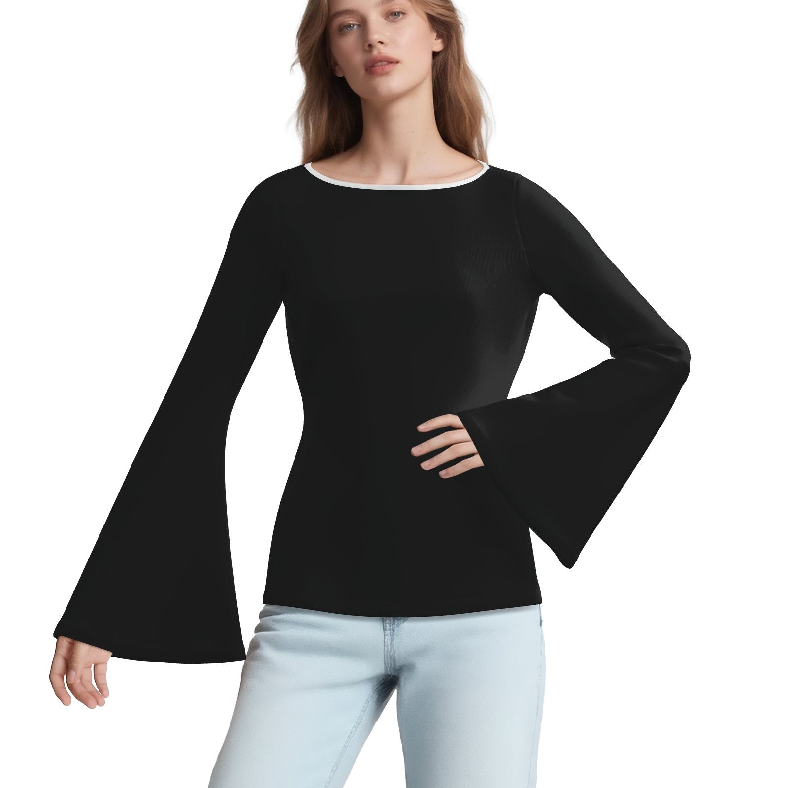 70s inspired Black Bell Sleeve T-shirt | Retro Long Sleeve T-Shirt | Vintage 70s style Top