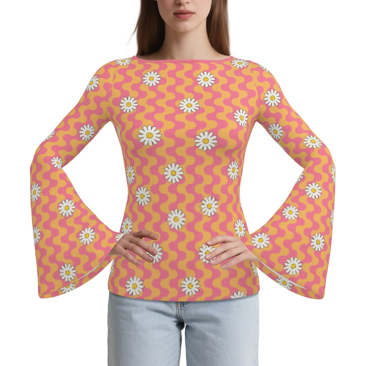 70s Orange Pink Bell Sleeve Top | Women's Retro Hippie Floral Shirt | Vintage Bell Sleeve T-Shirt | Boho Long Sleeve Blouse
