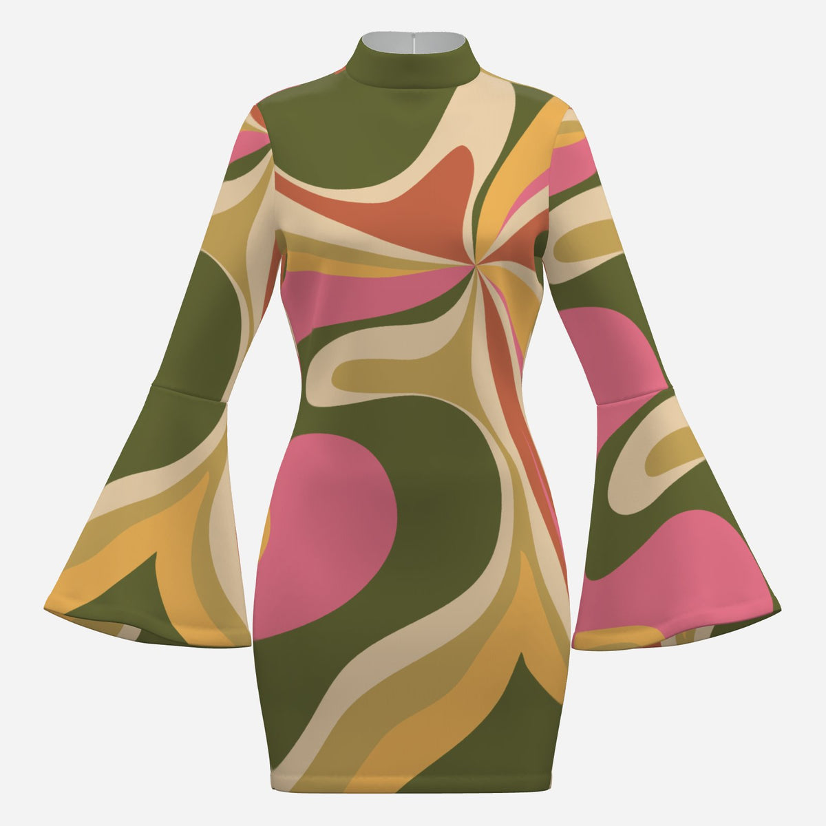 Vintage 70s Style Dress | Abstract Groovy Olive Green Bell Sleeve Shift Mini Dress | Retro Turtleneck Disco Dress