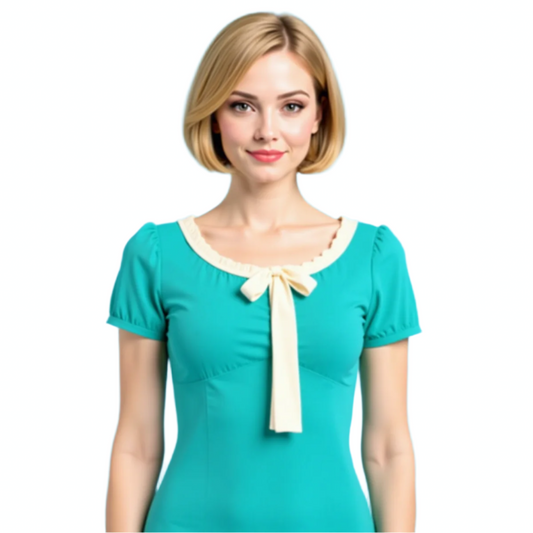 Turquoise Babydoll Blouse – Vintage 40s Style Top | Turquoise Bow Tie Blouse for Women 