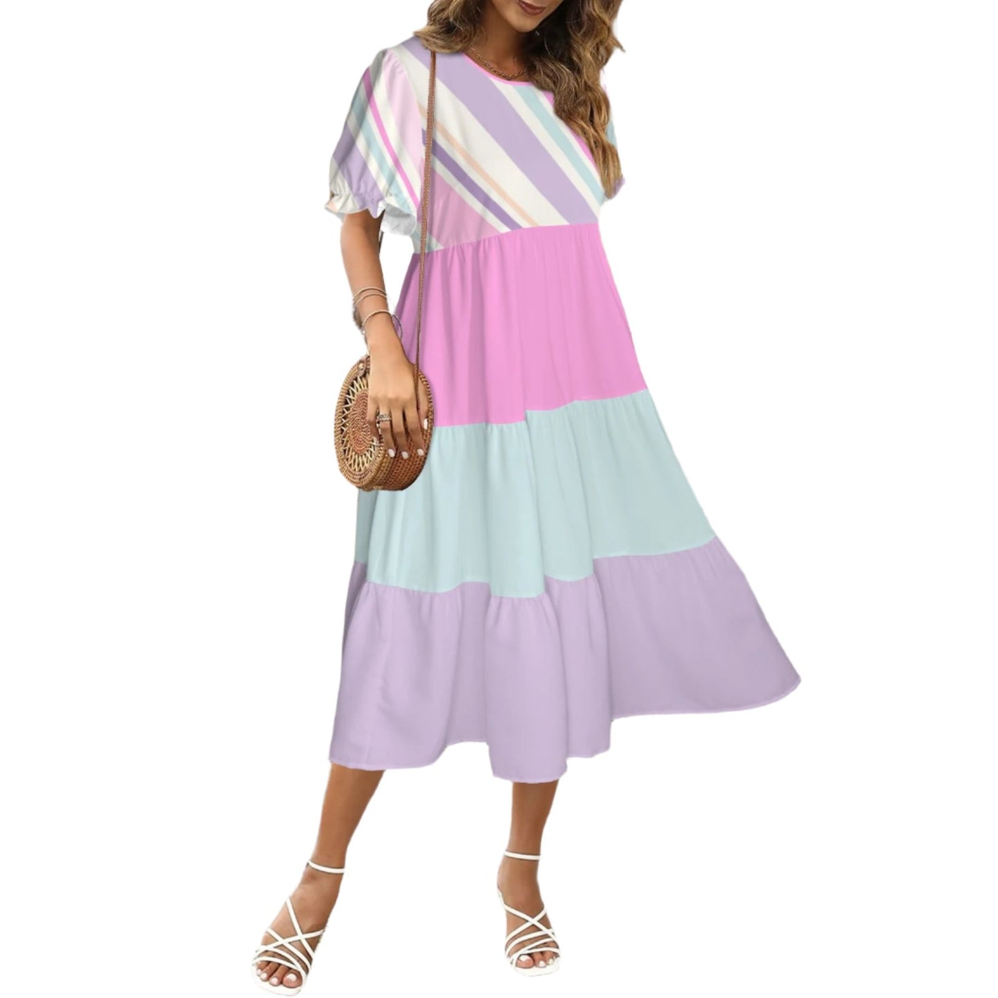 Pink Purple Stripe baby doll tier Puff sleeve dress