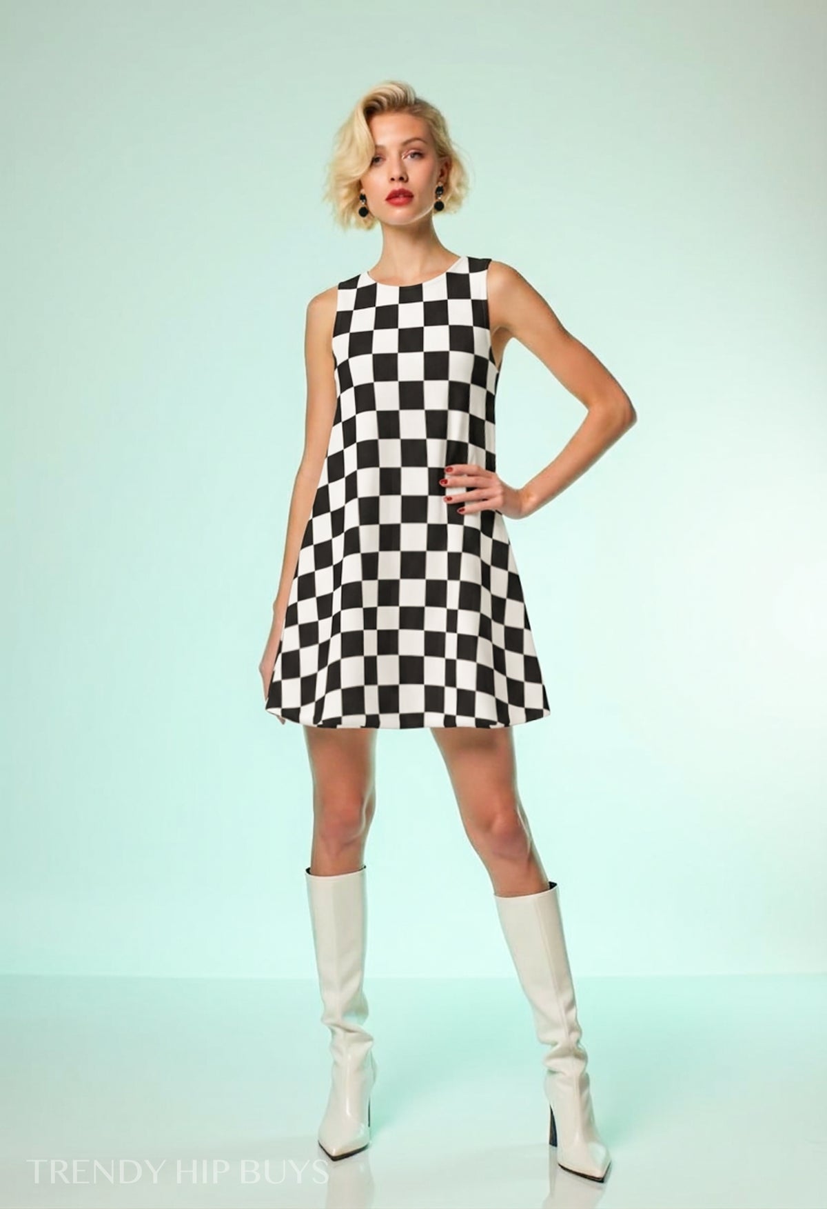 Women's 60s Mod Dress, Black & White Checker Go-Go Mini Dress, Sleeveless Retro Tent Dress, Vintage Inspired Dress