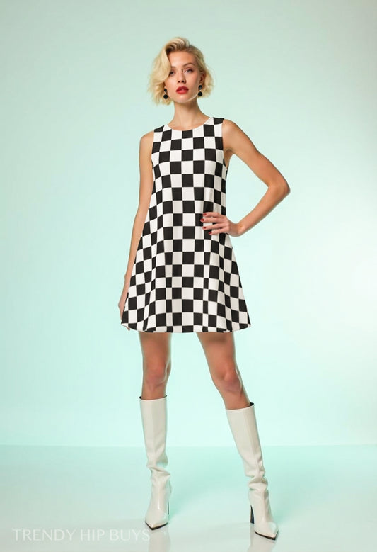 Women's 60s Mod Dress, Black & White Checker Go-Go Mini Dress, Sleeveless Retro Tent Dress, Vintage Inspired Dress