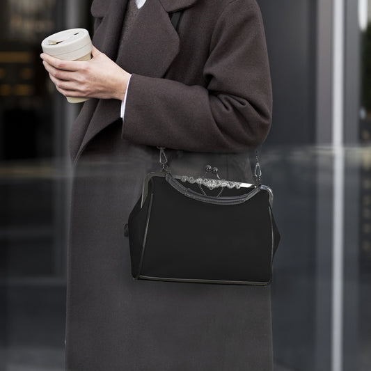Retro Black 60s Handbag | Vintage Style Clasp Purse | Classic Black Crossbody Bag