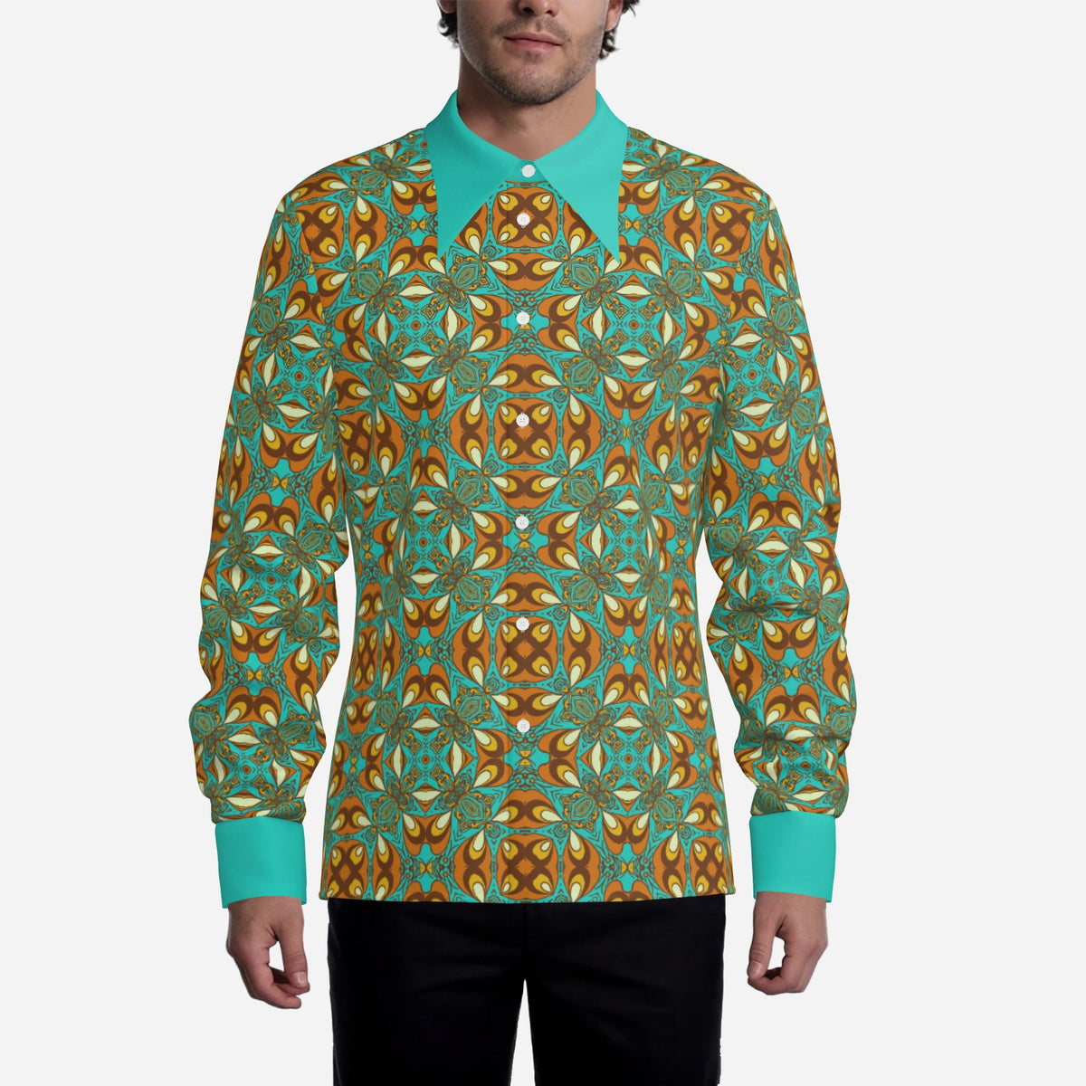 Men’s 70s Style Shirt | Turquoise Orange Brown Boho Hippie Shirt | Retro Dagger Collar Disco Shirt