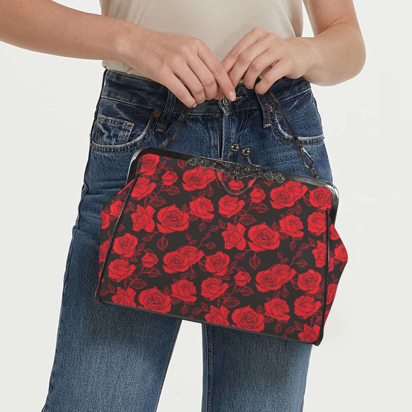 Retro 60s Red Rose Handbag | Vintage Inspired Romantic Clasp Purse | Floral Crossbody Bag
