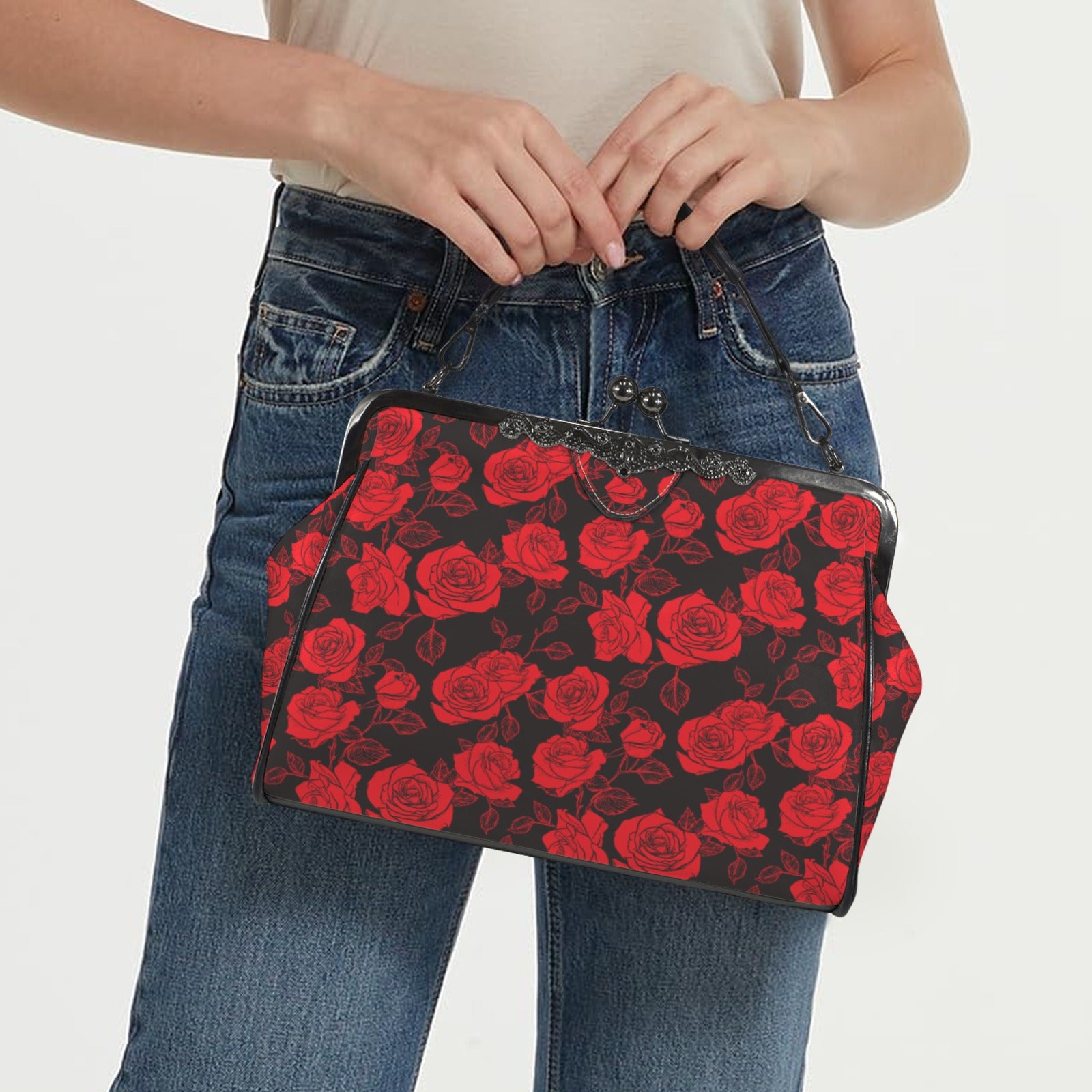 Retro 60s Red Rose Handbag | Vintage Inspired Romantic Clasp Purse | Floral Crossbody Bag