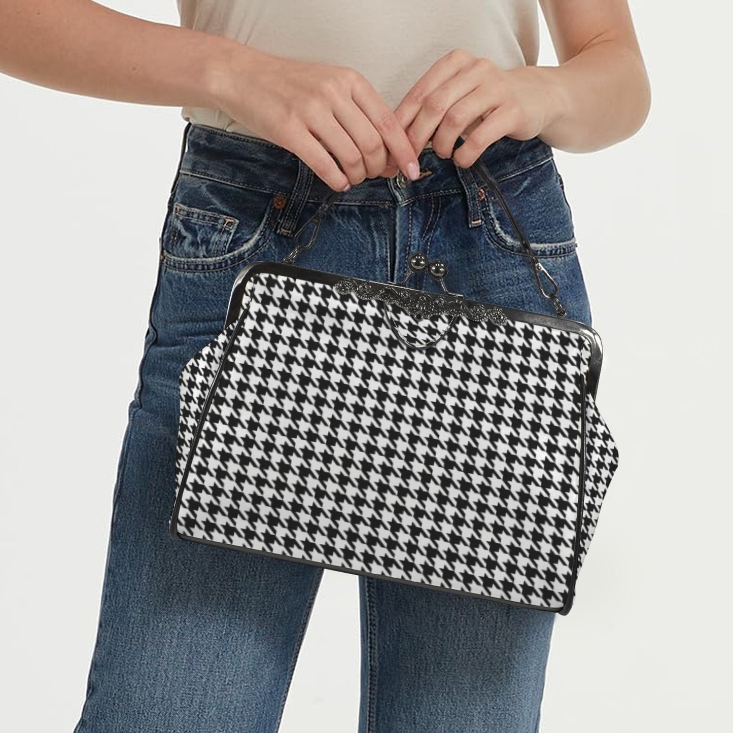 Retro 60s Houndstooth Handbag | Vintage Black Clasp Purse | Classic Pattern Crossbody Bag