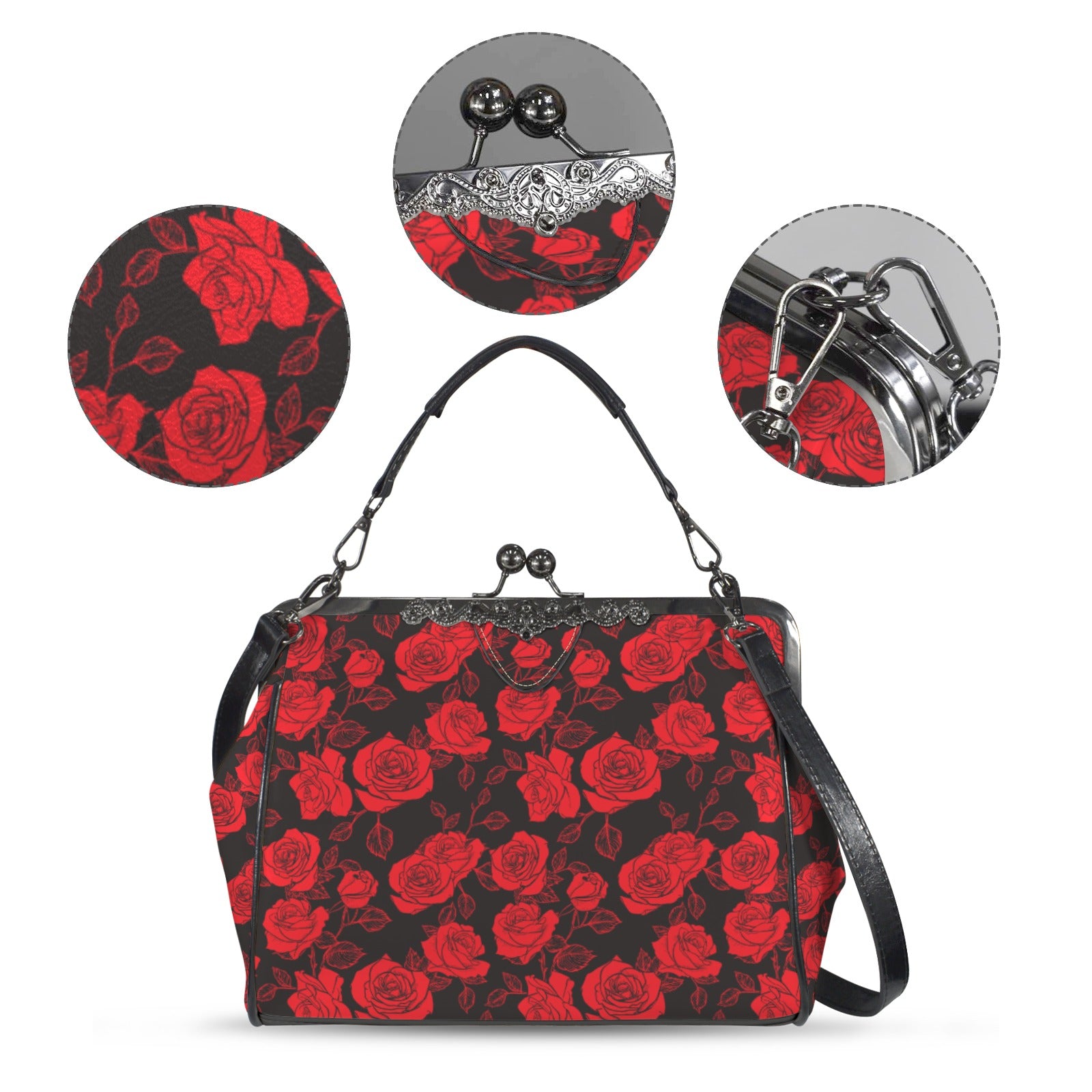 Retro 60s Red Rose Handbag | Vintage Inspired Romantic Clasp Purse | Floral Crossbody Bag