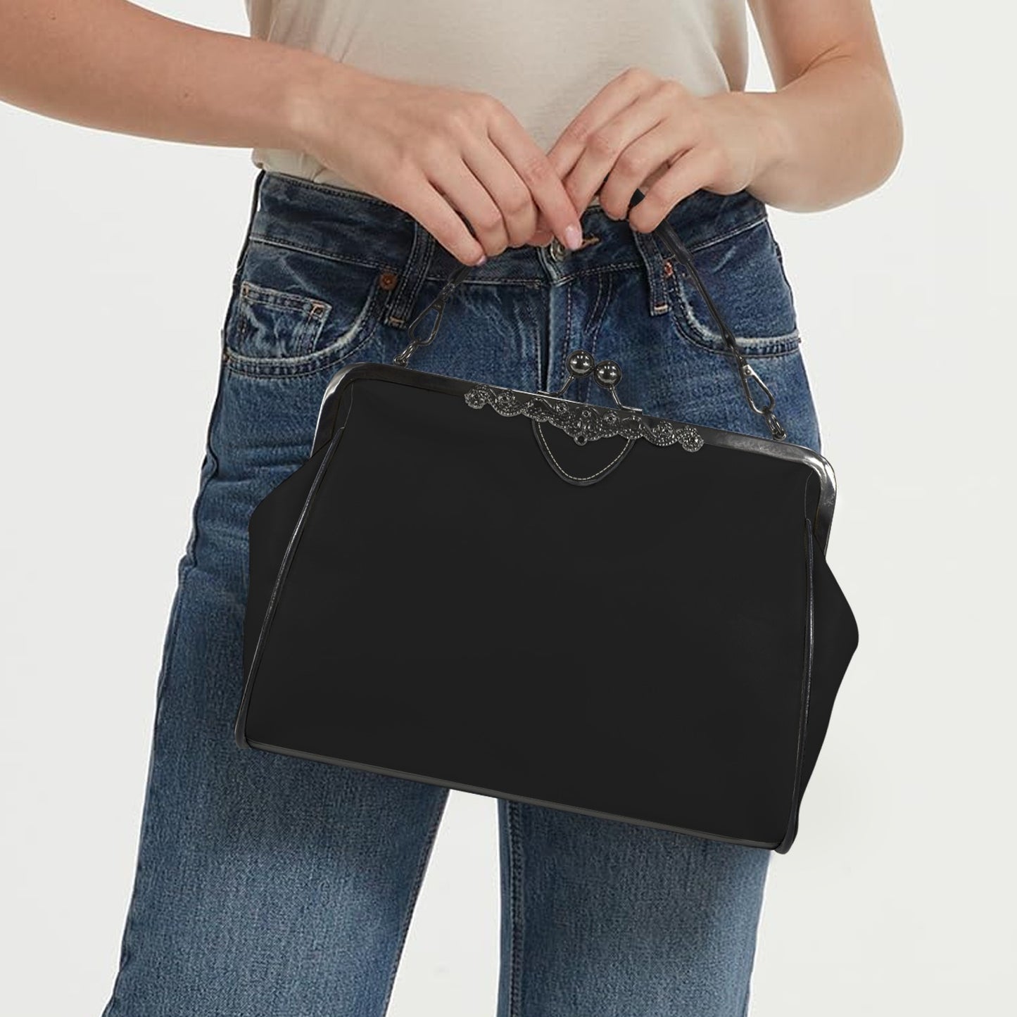 Retro Black 60s Handbag | Vintage Style Clasp Purse | Classic Black Crossbody Bag