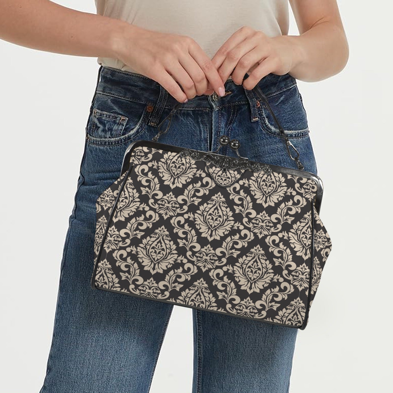 Retro 60s Style Handbag | Dark Gray Damask Vintage Clasp Purse | Classic Crossbody Bag