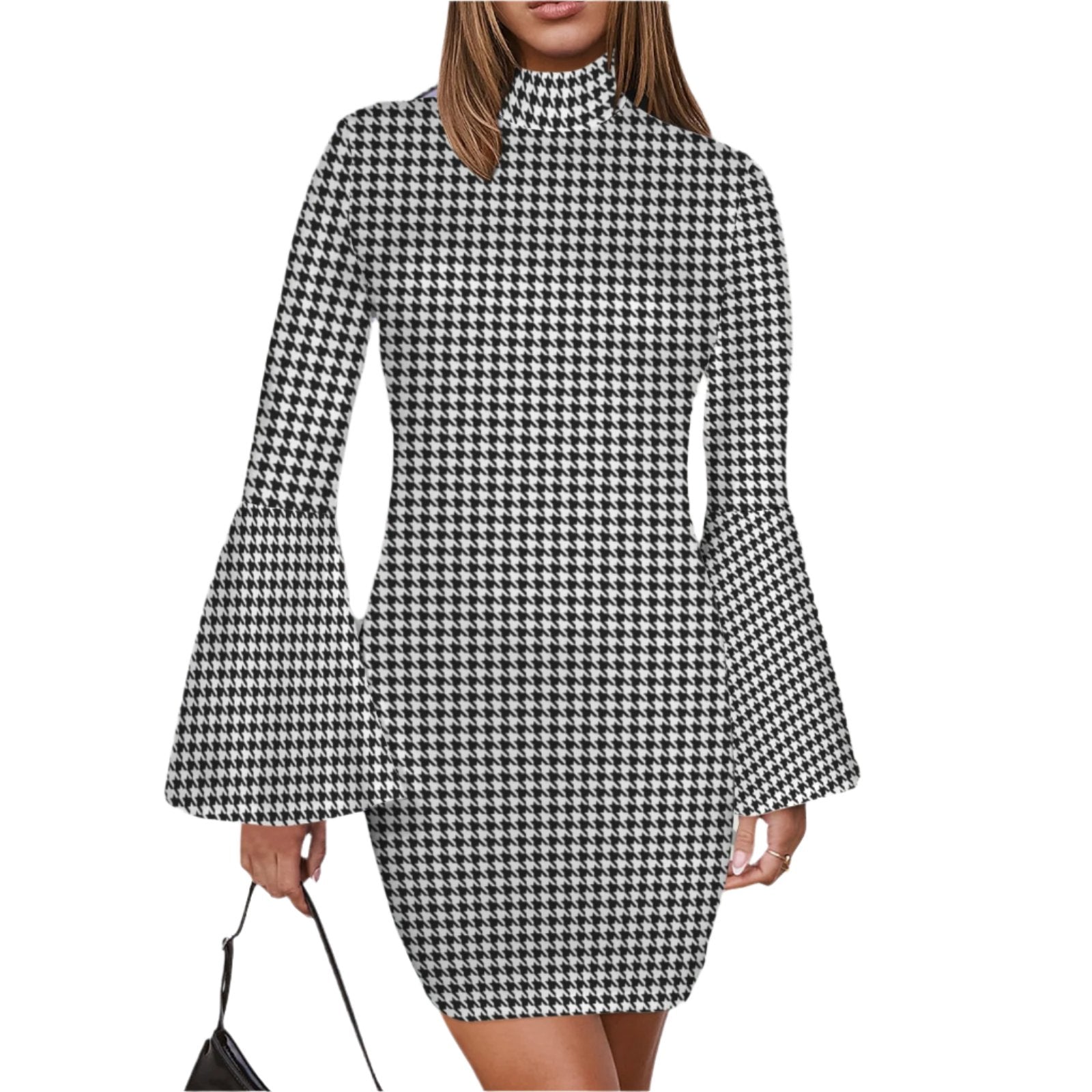 Black Houndstooth Dress, Bell Sleeve Dress