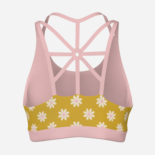 70s Mustard Floral Sports Bra | Retro 60s 70s Vintage Style Activewear Bra | Daisy Print Workout Top