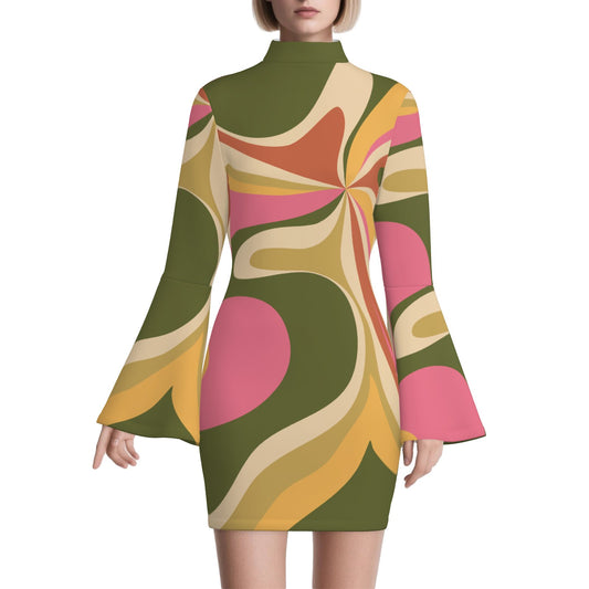 Vintage 70s Style Dress | Abstract Groovy Olive Green Bell Sleeve Shift Mini Dress | Retro Turtleneck Disco Dress