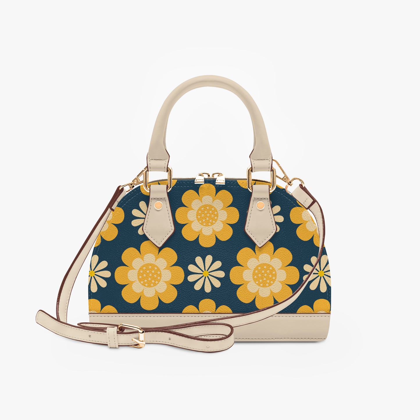 Vintage Mod Yellow Floral Blue Handbag | 60s 70s Retro Half Moon Crossbody Bag with Adjustable Shoulder Strap | PU Leather Statement Handbag for Women