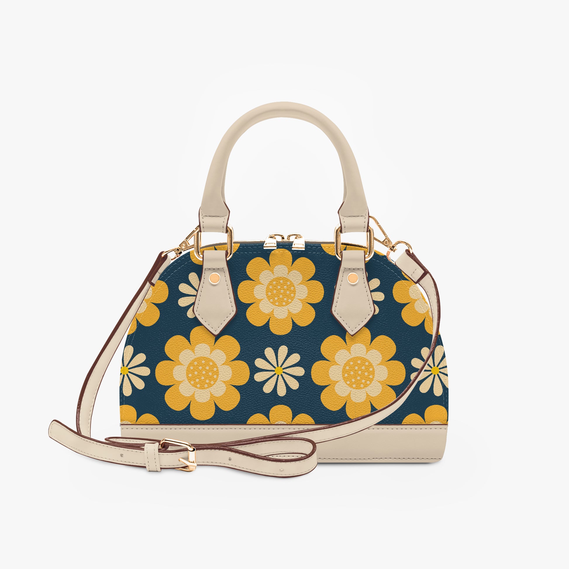 Vintage Mod Yellow Floral Blue Handbag | 60s 70s Retro Half Moon Crossbody Bag with Adjustable Shoulder Strap | PU Leather Statement Handbag for Women