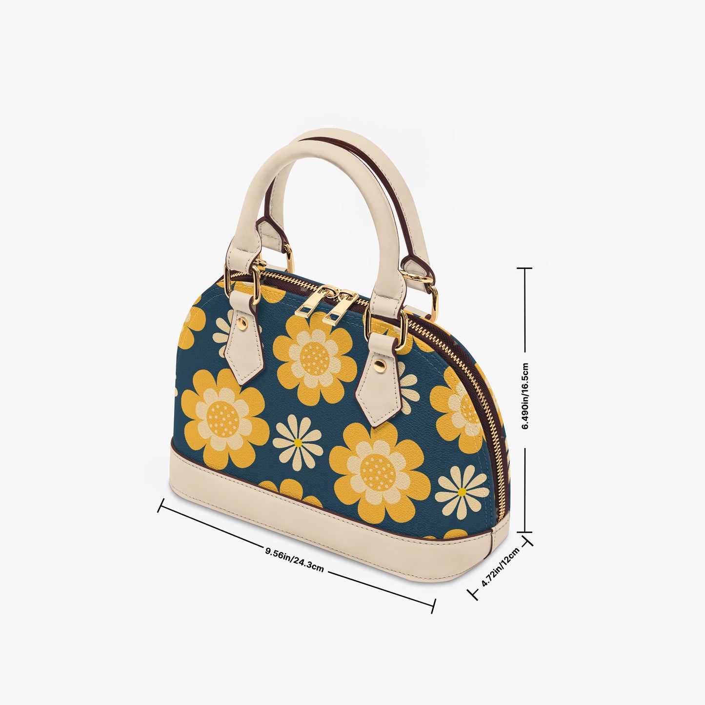 Vintage Mod Yellow Floral Blue Handbag | 60s 70s Retro Half Moon Crossbody Bag with Adjustable Shoulder Strap | PU Leather Statement Handbag for Women