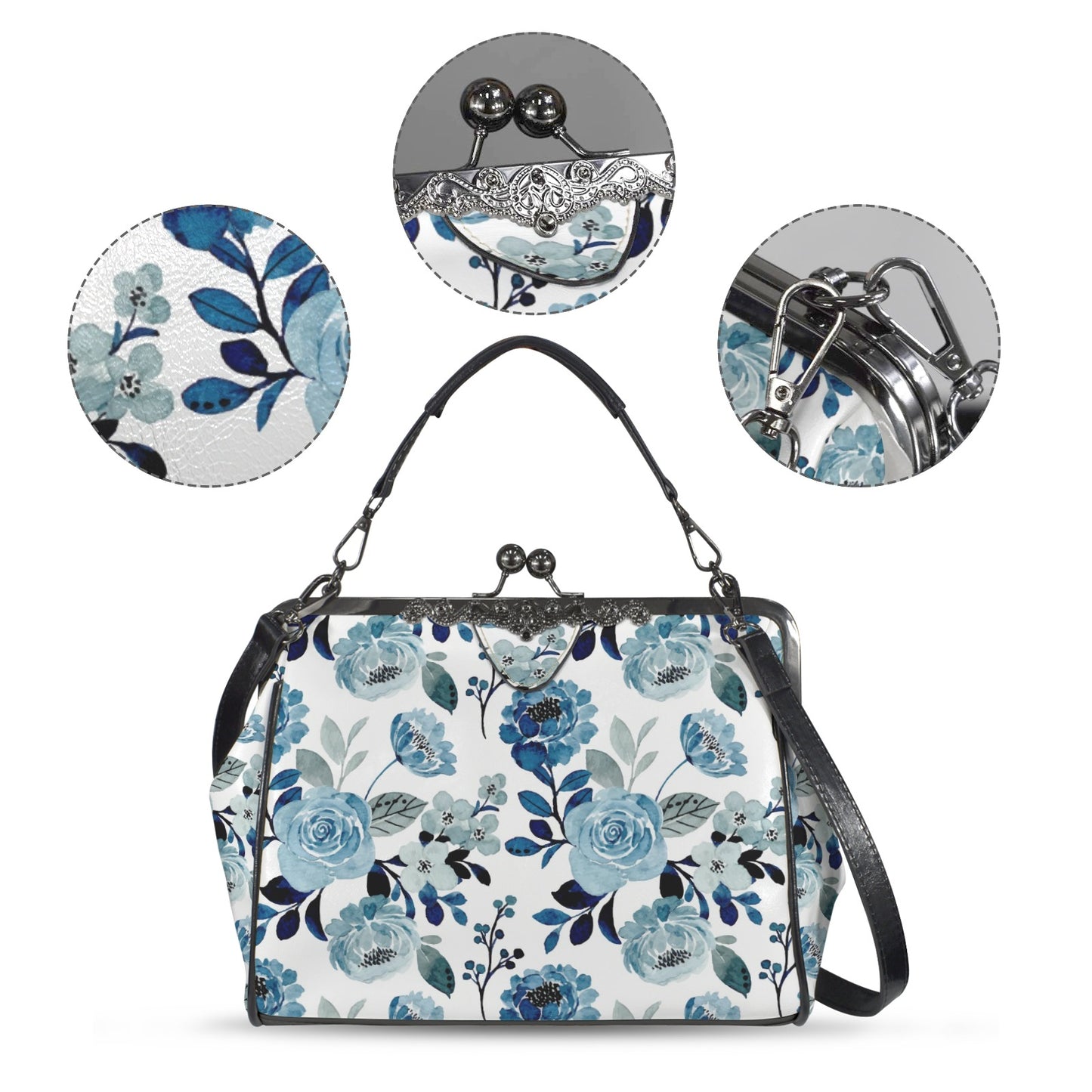 Retro 60s Handbag | Vintage Inspired Romantic Blue Rose Purse | Blue Floral Handbag