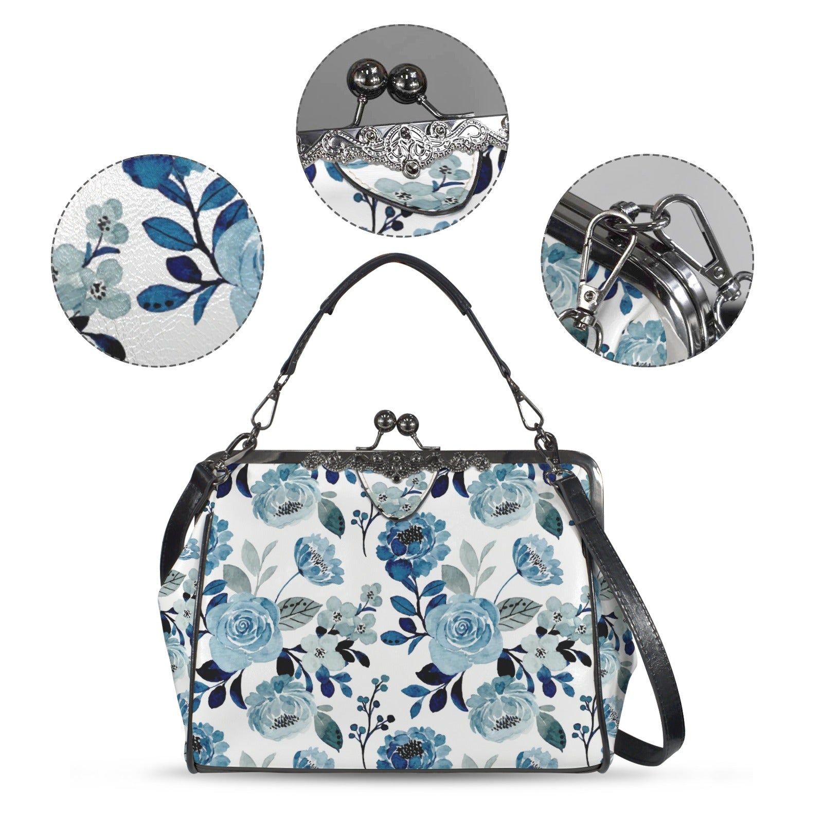 Retro 60s Handbag | Vintage Inspired Romantic Blue Rose Purse | Blue Floral Handbag