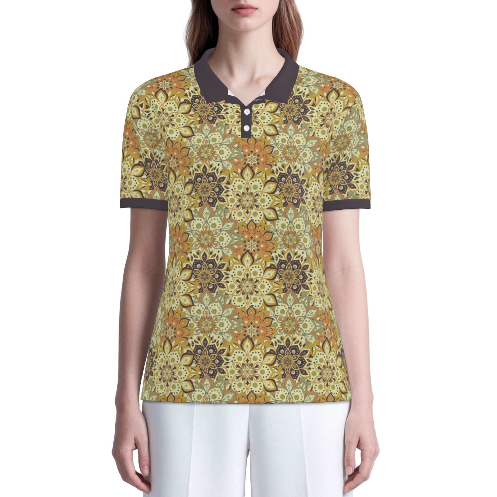70s Hippie Mandala Polo Shirt | UPF 50+ Sun Protection Unisex Polo | Retro Mustard Yellow Brown Polo Shirt 