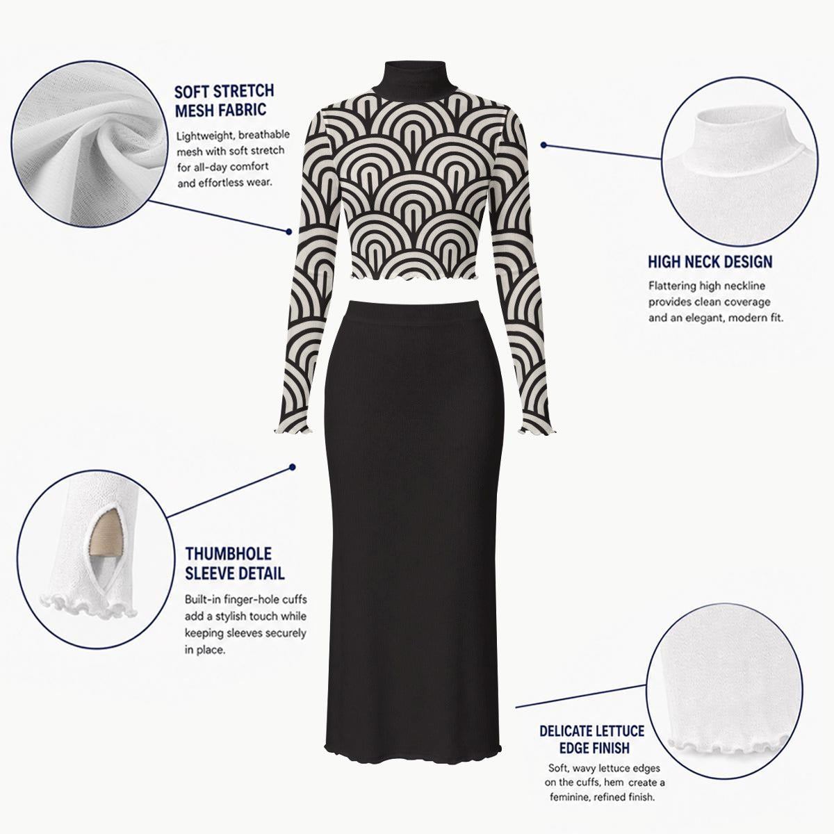 Women's 60s Op Art Two-Piece Set | Sheer Geometric Turtleneck Crop Top & Black Maxi Skirt | Mod Vintage Outfit