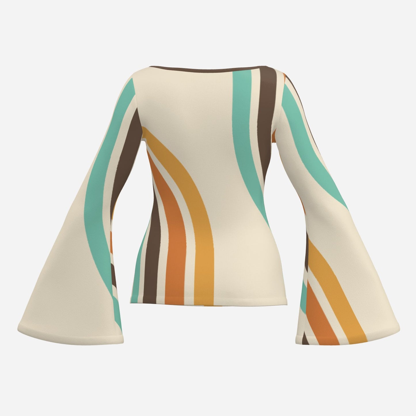 70s Beige Bell Sleeve Top | Groovy Stripe Hippie Blouse | Retro Long Sleeve T-Shirt Women