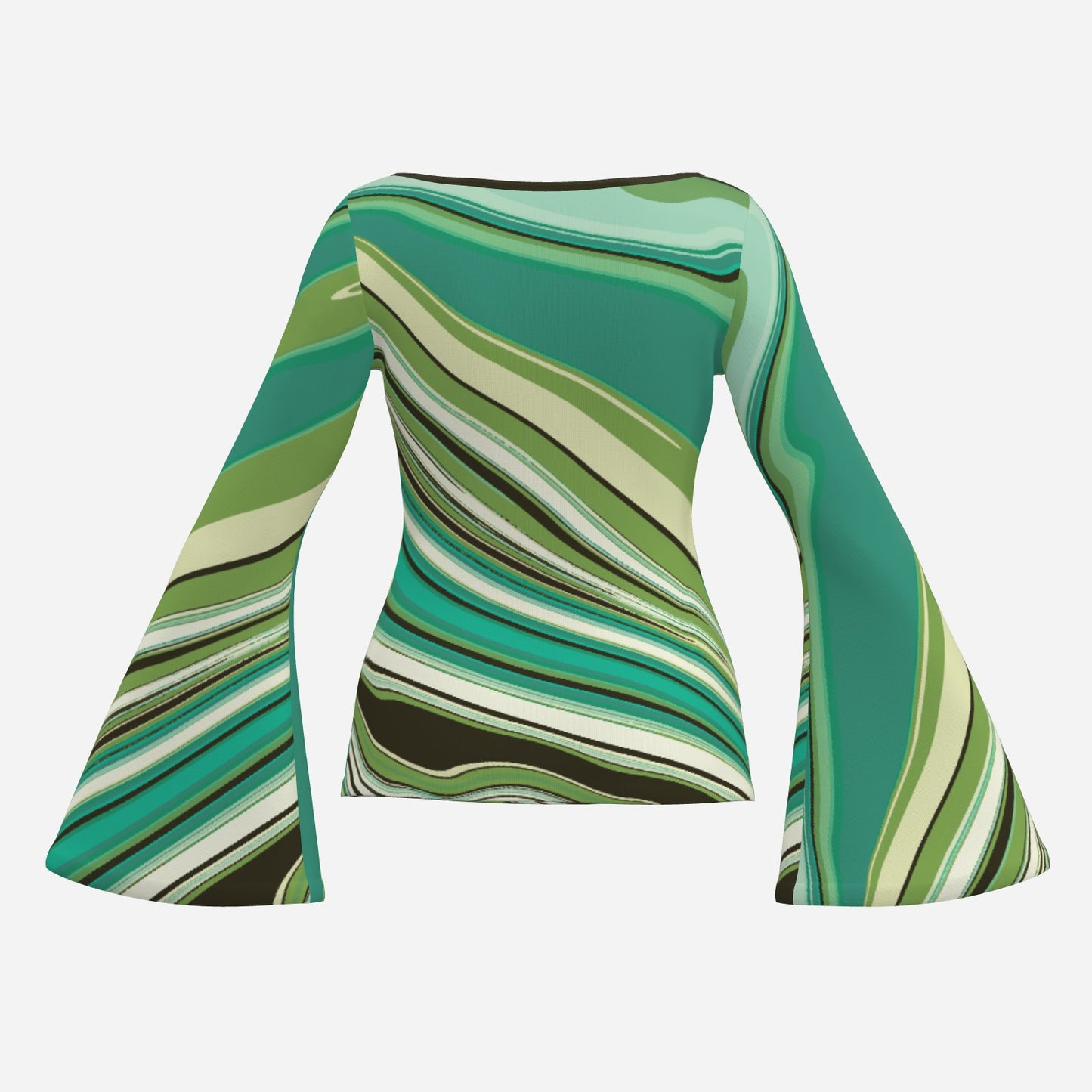 70s Green Turquoise Bell Sleeve Top | Retro Long Sleeve T-Shirt | Vintage Boat Neck Blouse