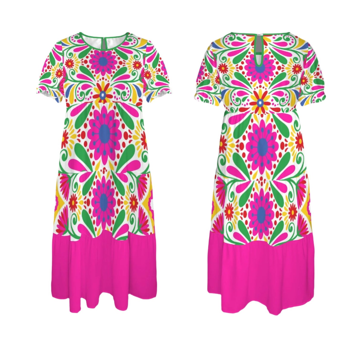 Multicolor hippie floral Ethnic babydoll Midi Dress