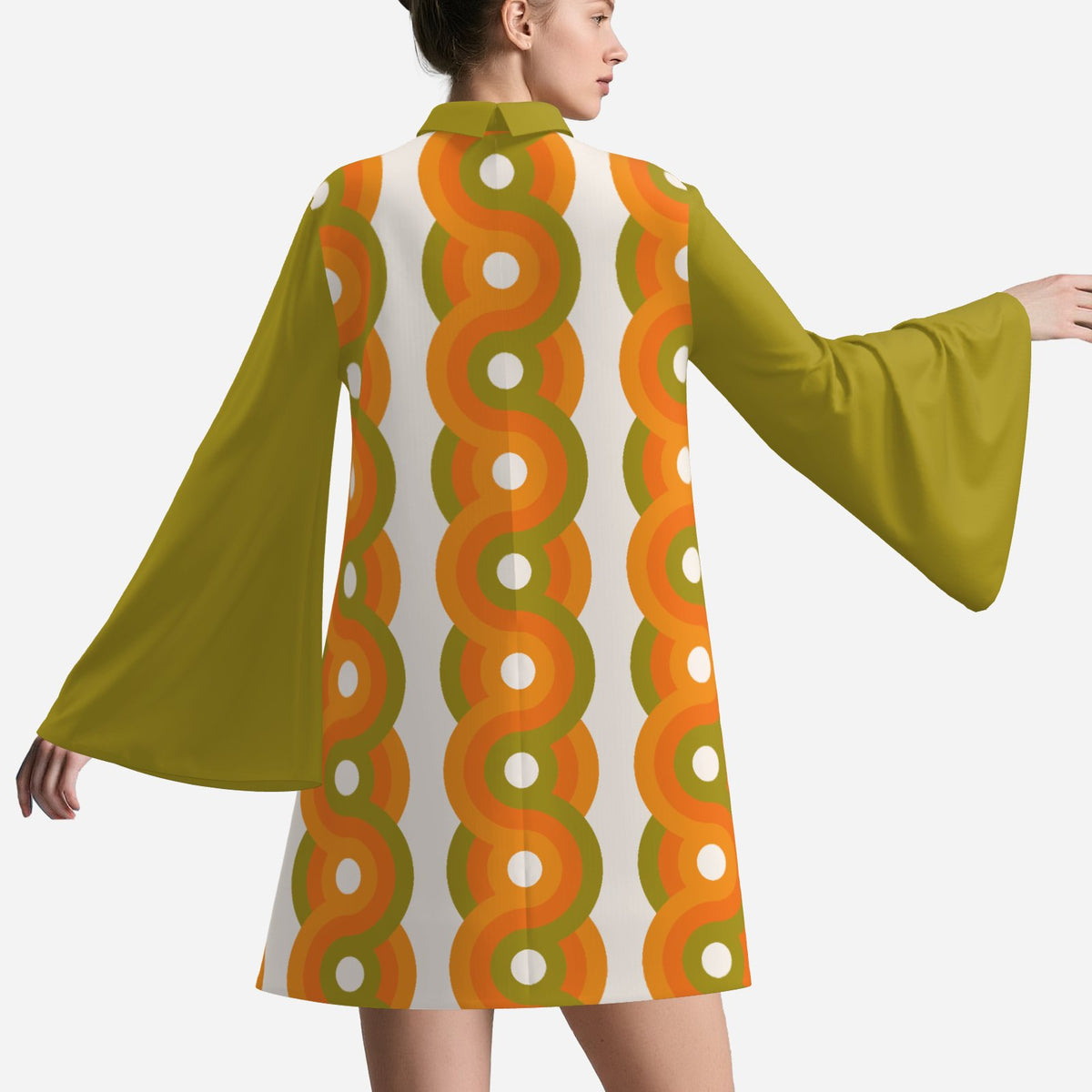 Women's 70s Olive Green Bell Sleeve Dress | Retro Geometric Orange Green Tent Dress | 70s Turtleneck Mini Dress