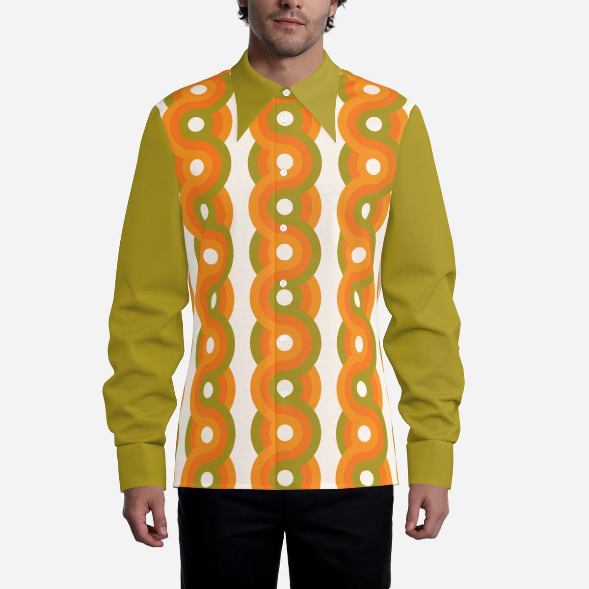 Men’s 70s Style Shirt | Olive Green Orange Geometric Dagger Collar Shirt | Retro Disco Shirt