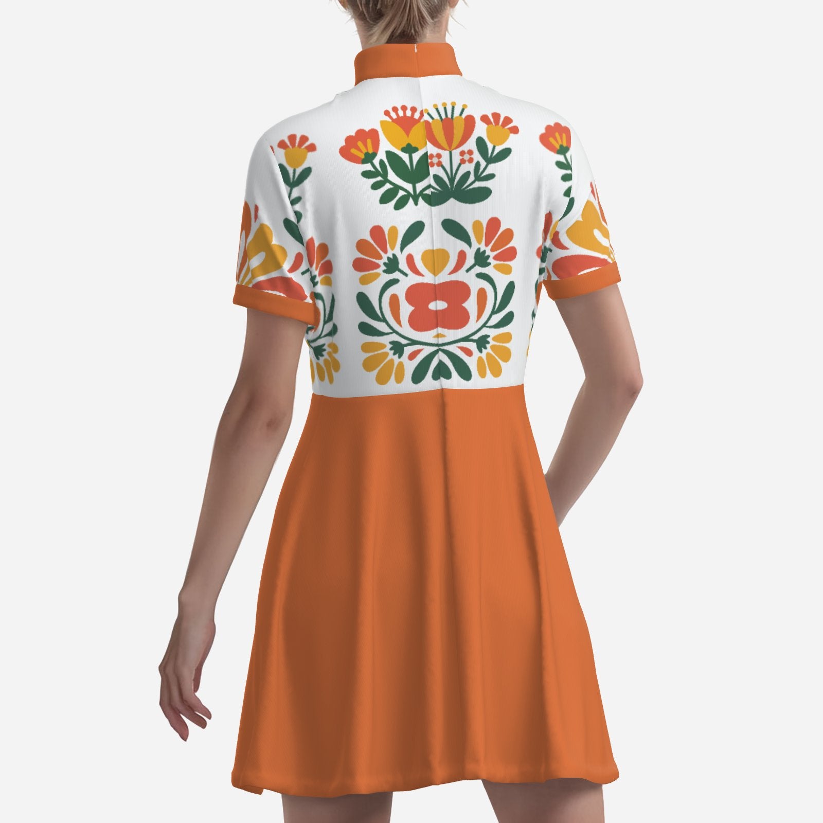60s Orange Mod Mini Dress Retro Floral Turtleneck GoGo Dress