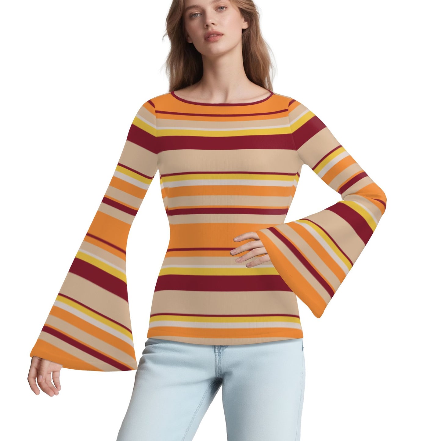 70s Maroon Orange Bell Sleeve Top | Retro Stripe Long Sleeve T-Shirt | Groovy Boat Neck Blouse | Trendy Hip Buys