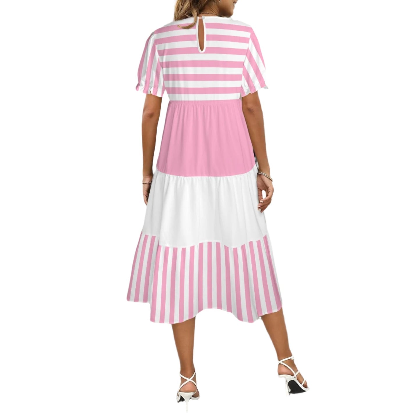 Pink White Babydoll Puff sleeve tier Midi dress