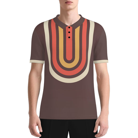 70s Brown Geometric Polo Shirt | UPF 50+ Sun Protection Unisex Polo | Retro Mod Vintage Golf Shirt