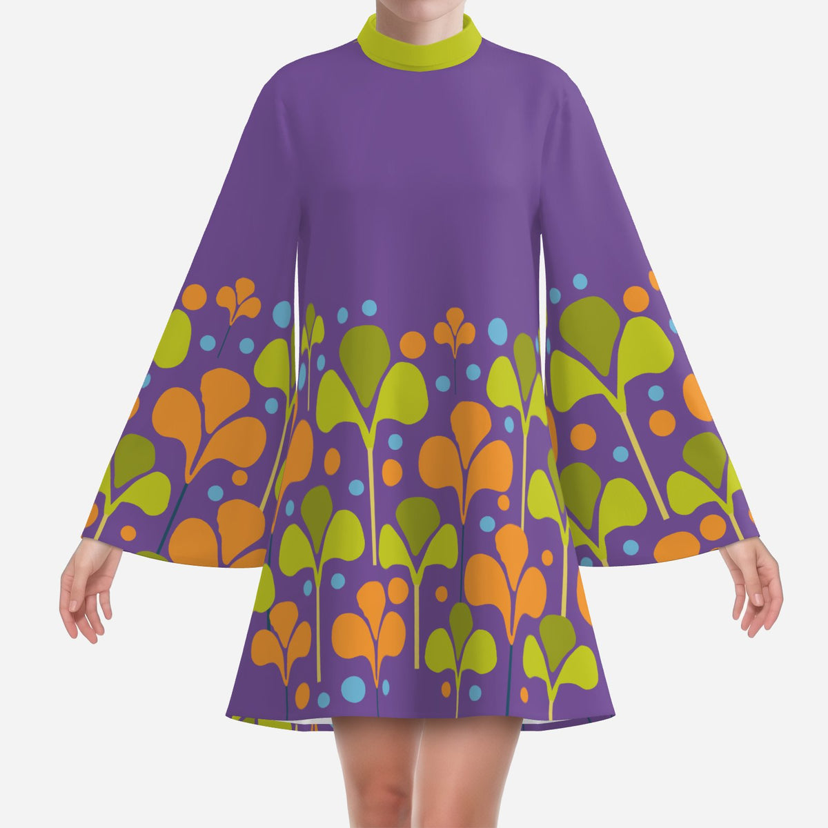 Women's Hippie 70s Purple Bell Sleeve Dress | Retro Floral Tent Dress | Vintage Inspired Boho Dress