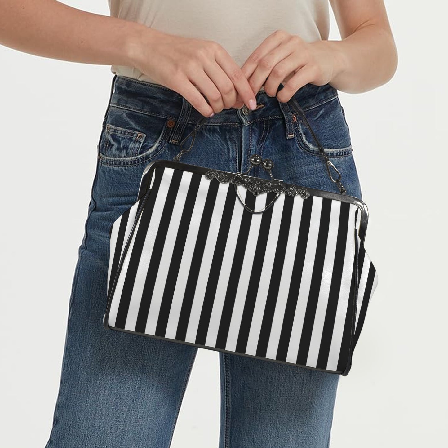 Retro 60s Black and White Stripe Handbag | Vintage Clasp Purse | Mod Crossbody Bag | Trendy Hip Buys